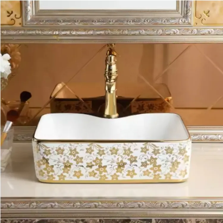 Best Quality Luxury Ceramic Electroplated Bathroom Vessel Sink Art Basin Table Top Square Shape Hand Wash Basin S-1027