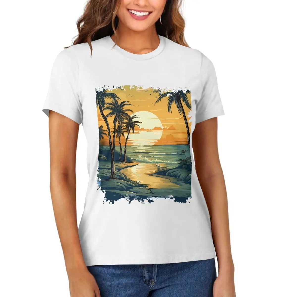 T-shirt in cotone da donna con motivo a forma di palma tropicale con motivo al tramonto di alta qualità all'ingrosso comoda e morbida manica corta t-shirt personalizzata calda
