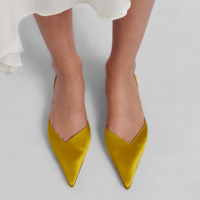 Sandales plates jaunes en satin à bout pointu, chaussures habillées à enfiler, escarpins slingback de créateur
