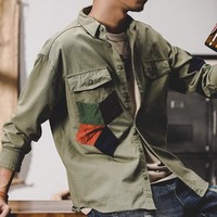 Chemise de travail décontractée à col montant tricoté croisé pour homme, coupe ample, manches longues, collection automne, vente en gros