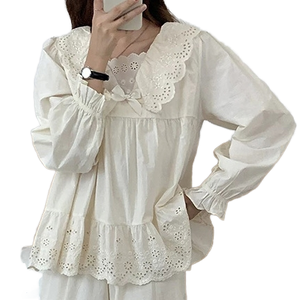 Damen Frühling Sommer Herbst Lässige Gewebte Atmungsaktive Langarm Weiße Vintage Rundhals-Bluse - Product Image 2