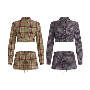 Conjunto de 2 Piezas a Cuadros para Mujer con Logotipo Personalizado, Estilo Preppy Vintage, Camisa Corta de Manga Larga, Minifalda con Ribete de Encaje, Ropa Femenina OEM - Product Image 1