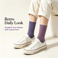 Chaussettes pour femmes en fil teint vintage, chaussettes en coton doux à rayures colorées, motif personnalisé, emballage