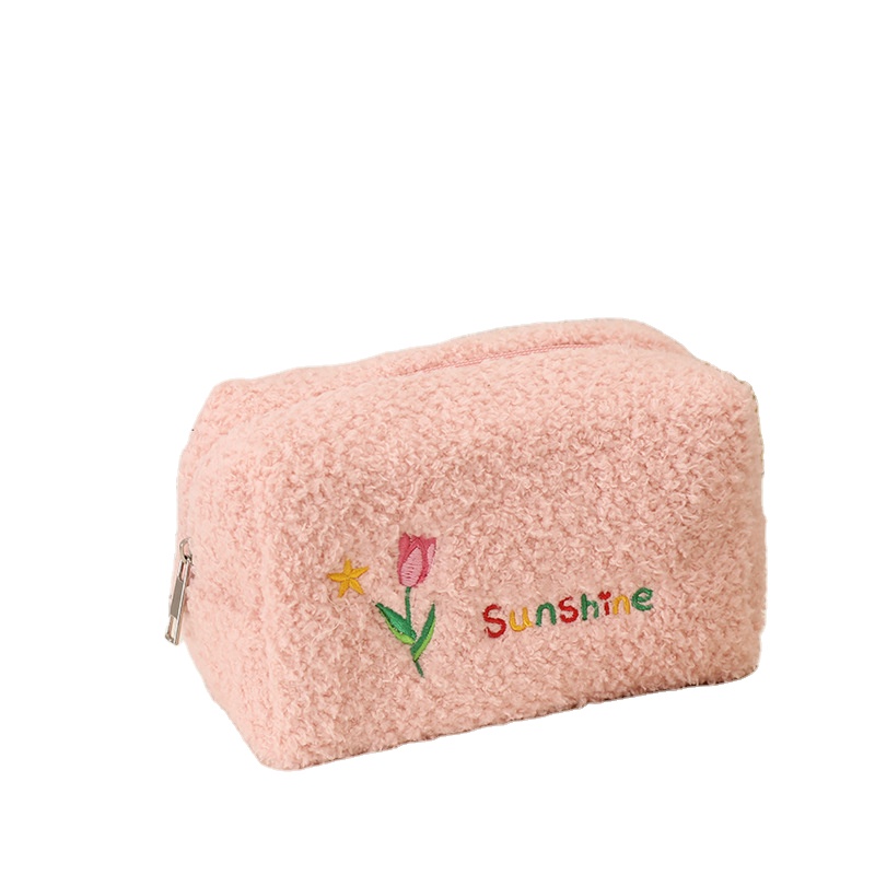 Hot Luxury Soft Plush Coin Purse with Cute Embroidery Portable Zipper Closure Polyester Makeup Pouch Bag for Ladies and Kids