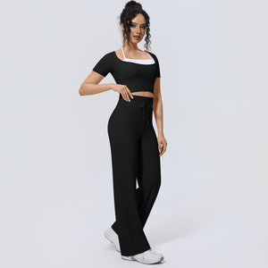 Set Yoga all'ingrosso da <span class=keywords><strong>Donna</strong></span> con <span class=keywords><strong>Top</strong></span> Sportivo a Maniche Corte Halter e Pantaloni a Gamba Larga Imbottiti Effetto Seconda Pelle - Set Fitness - Product Image 4