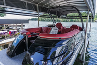 Nouveau bateau ponton sportif au design moderne en fibre de verre noir et rouge avec moteur hors-bord de 90 CV pour la pêche et les loisirs en famille