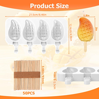 Moules à sucettes glacées en silicone en forme de mangue - 4 cavités 3D pour glaces à la mangue avec 50 bâtonnets en bois pour sucettes glacées et poudings aux fruits