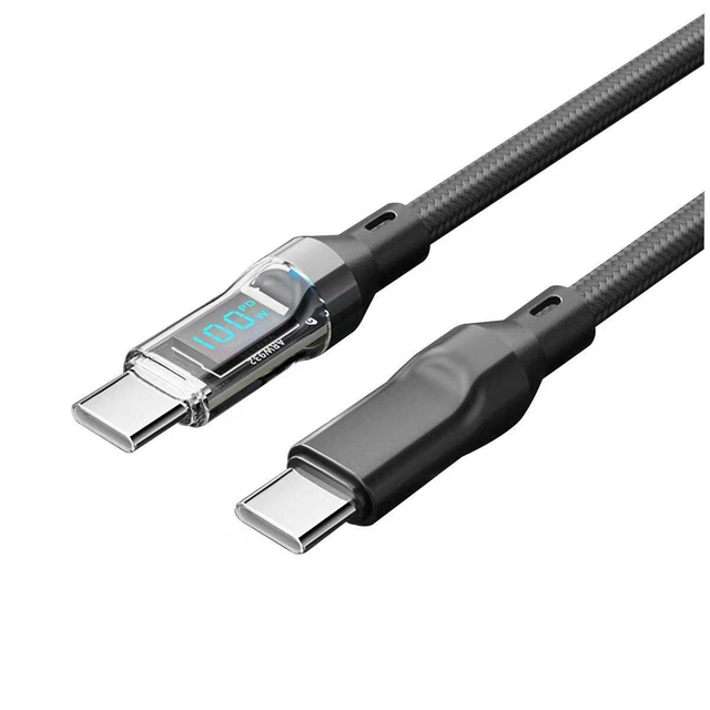 100W USB Type-C Cable with Transparent Digital Display Fast Charging Braided Data Cord 480Mbps Transfer for Phone Laptop Tablet