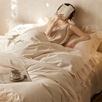 Ensemble de literie en coton lavé doux, couleur unie, bord festonné, ensemble de housse de couette 4 pièces pour une chambre confortable