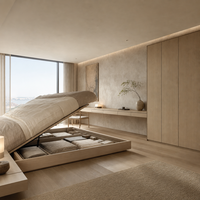 Lit plateforme Tatami Wabi-Sabi sur mesure avec armoire murale intégrée et bureau pour penthouse de luxe