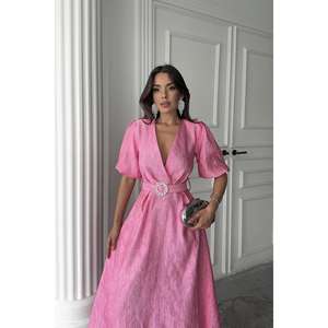Vestido Cruzado Rosa Brillante con Cinturón, Corte A, Tejido, para Fiesta o Casual, Cintura Natural, Transpirable - Product Image 3