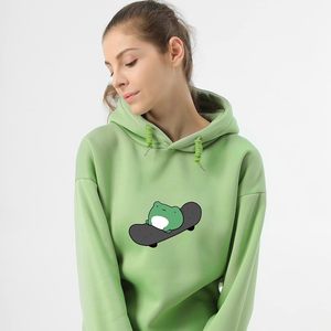 FOXA Sweat-shirt à capuche surdimensionné pour femme, motif grenouille mignonne et skateboard, en tricot doux, à manches longues et épais - Product Image 2