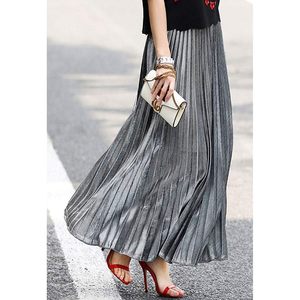 Women's <b>Metallic</b> Shiny Pleated Maxi Long <b>Skirt</b> Regular Waist Chiffon Fabric - Product Image 5