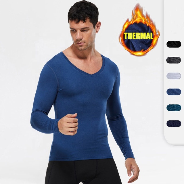 Custom Performance Flatlock Seam V Neck Thermal Gym Compression Shirts Fitness Base Layer Mens Long Sleeves Thermal Shirts