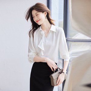 Women's Pink Satin Shirt Long Sleeve Solid Color Asymmetry <b>Wrap</b> Tie Office Blouse Q9972 - Product Image 4