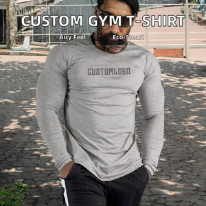 T-Shirt da Palestra a Maniche Lunghe Personalizzabile per <span class=keywords><strong>Uomo</strong></span>, Traspirante, in Cotone 220g, Vestibilità Slim, Stile Urbano, Tinta Unita, Maglietta Casual Lavorata a <span class=keywords><strong>Maglia</strong></span> - Product Image 2