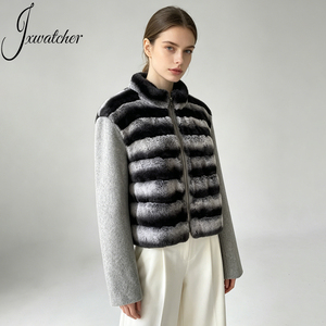Jxwatcher Giacca in Vera <span class=keywords><strong>Pelliccia</strong></span> di Coniglio Rex Morbida e Calda con Zip, Maniche Lunghe, <span class=keywords><strong>Cappotto</strong></span> Invernale Personalizzato in Lana Doppia Faccia con <span class=keywords><strong>Collo</strong></span> Alto per <span class=keywords><strong>Donna</strong></span> - Product Image 1