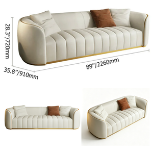 Divano Moderno di Lusso Personalizzabile a 3 Posti con Trapuntatura a Canale, <span class=keywords><strong>in</strong></span> Ecopelle con Finiture Dorate, Pezzo Centrale Contemporaneo per Soggiorno e Hotel - Product Image 2