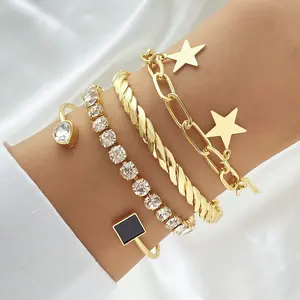 NewTrendy Stars Gold Chain Bracelet Set for Women Fashion Jewelry Pendant Crystal Zircon Chains Open Bangle Set Party Gift