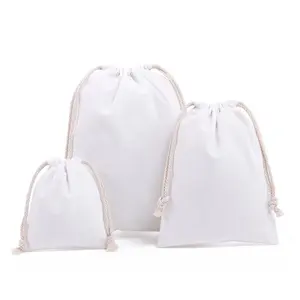 Bolsas pequeñas de algodón orgánico para el polvo, bolsa blanca y Natural con cordón ajustable, con logotipo impreso personalizado, para Navidad