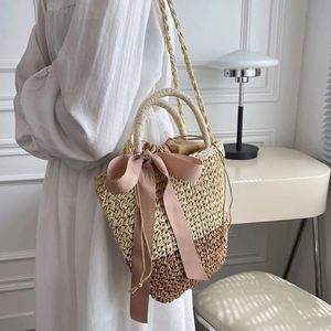 Bolso de playa Rattan <span class=keywords><strong>Bali</strong></span> Straw Barrel Monedero Bolsos a granel Tejido de haya con borde Satén Tote Tendencia Nudo <span class=keywords><strong>japon</strong></span>és - Product Image 6