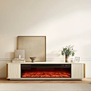 AJUNION Moderner Luxus-Kamin-TV-Ständer aus Holzwerkstoff, freistehender TV-Ständer mit 6 Flammenfarben, elektrischer Kamin, <span class=keywords><strong>2</strong></span> Schubladen - Product Image 1