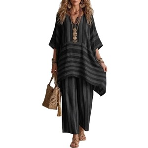 Ensemble deux pièces décontracté chic à rayures, col en V, coupe ample, en polyester, style européen et américain, pour femme, collection printemps - Product Image 5