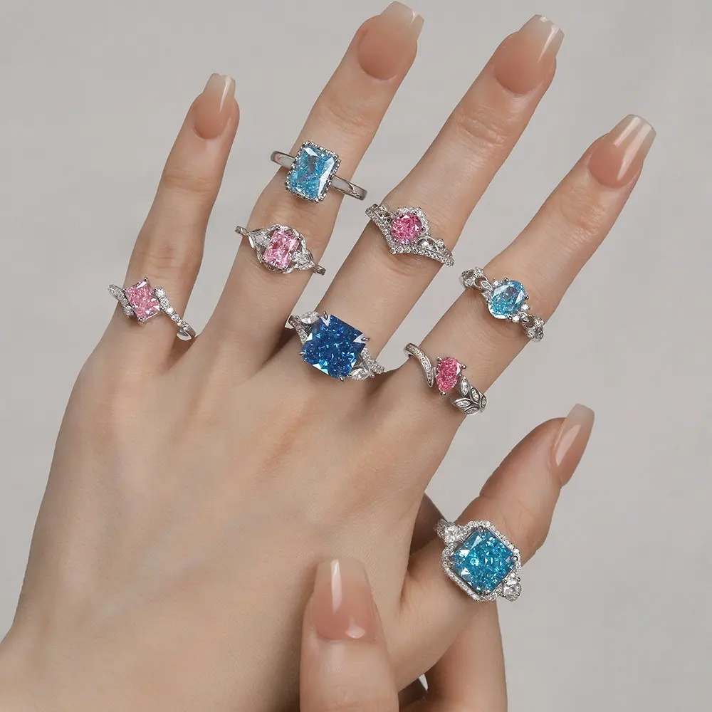 Groothandel 925 Sterling Zilveren Fijne Sieraden Blauw Roze 5a Grote Diamant Unieke Ijskoude Stenen Luxe Ringen Verstelbaar