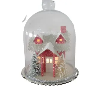 크리스마스 트리 작은 장식을위한 종이 집과 반짝이와 골동품 날아 유리 돔