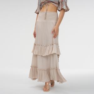 กระโปรงยาวทรงเค้กแต่งระบายจีบแบบซ้อนสำหรับผู้หญิง สีพื้นเรียบง่าย สไตล์ลำลอง - Product Image 1