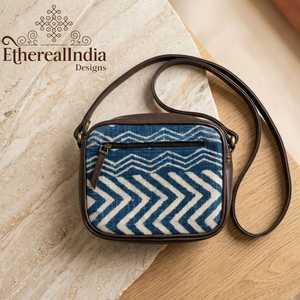Blue Ikat Sling Bag Handmade Rug Fabric Crossbody Small Ethnic Cotton Purse <b>Adjustable</b> <b>Strap</b> - Product Image 3