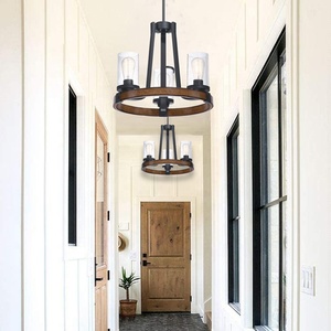 Lustres de ferme 3 lumières Finition noire <span class=keywords><strong>et</strong></span> <span class=keywords><strong>bois</strong></span> Abat-jour en verre transparent suspendu Suspension <span class=keywords><strong>salon</strong></span> Salle à manger Porche - Product Image 4