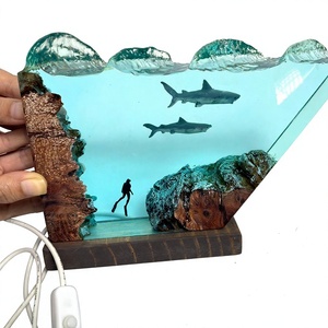 Handmade Ocean Scene <b>Resin</b> Art <b>Table</b> Lamp with <b>Wood</b> Base Made in Vietnam - Product Image 1