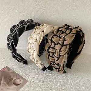 Wholesale Handmade Extra Wide Brown Woven braided pu leather headband Winter Fall face wash headwear For Women Lady
