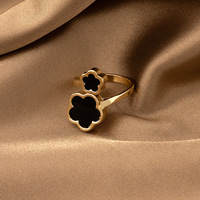 Bague ouverte réglable INS Fashion élégante et douce, couleur noir, rose, blanc, double fleur à cinq pétales pour femmes