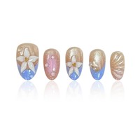 Y23 Kaixin Set Kuku Palsu Pendek Bentuk Almond Dapat Digunakan Kembali, Motif Bunga Biru, Bahan Akrilik