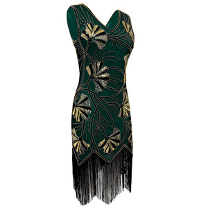 Robe de soirée vintage sans manches à col en V, à sequins et à franges, style fourreau, rouge, verte, noire, tailles S à 4XL, en satin - Product Image 2