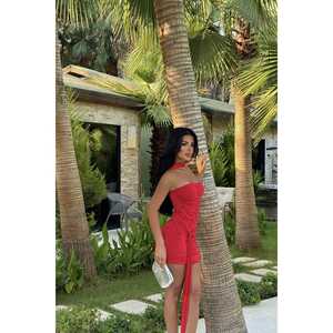 Red Draped <b>Bodysuit</b> Set Plus Size Casual Slim Fit <b>Sequined</b> Decoration Knee Length Nylon Material Long Sleeves Print for All - Product Image 1