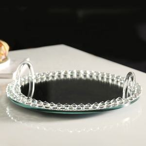 Plateau rond incrusté de diamant en dentelle avec poignées, 10 pièces, miroir en verre transparent, support pour gâteaux, assiette de fruits, vente en gros - Product Image 2