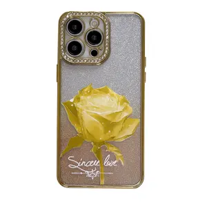 Bling bling chrome gel cover case for iPhone 13, For iPhone 14 Pro Diamond Rose case