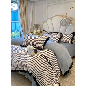 Princess Style Winter Thickened Milk Fleece Four Piece Bedding Set Vertical Stripes <b>Double</b> Sided Warm Duvet Cover - Product Image 2