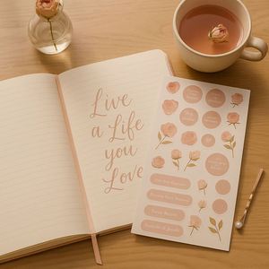 Blush Pink Floral Sewing Binding Hardcover Notebook Gift Set <b>Gold</b> Foil Line Art <b>Pen</b> PU Leather Ribbon Box Journaling Blank Pages - Product Image 4