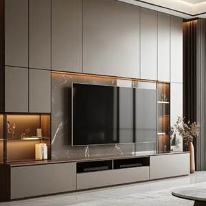 <span class=keywords><strong>Meuble</strong></span> <span class=keywords><strong>TV</strong></span> intégré <span class=keywords><strong>gris</strong></span> moderne avec éclairage LED, unité de rangement murale pour la décoration contemporaine du salon - Product Image 2