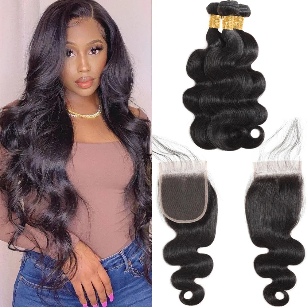 YL 10A Cuticle Aligned Virgin Brazilian Hair Weaves Wavy Remy Human Hair Body Wave Bundles with Closure
