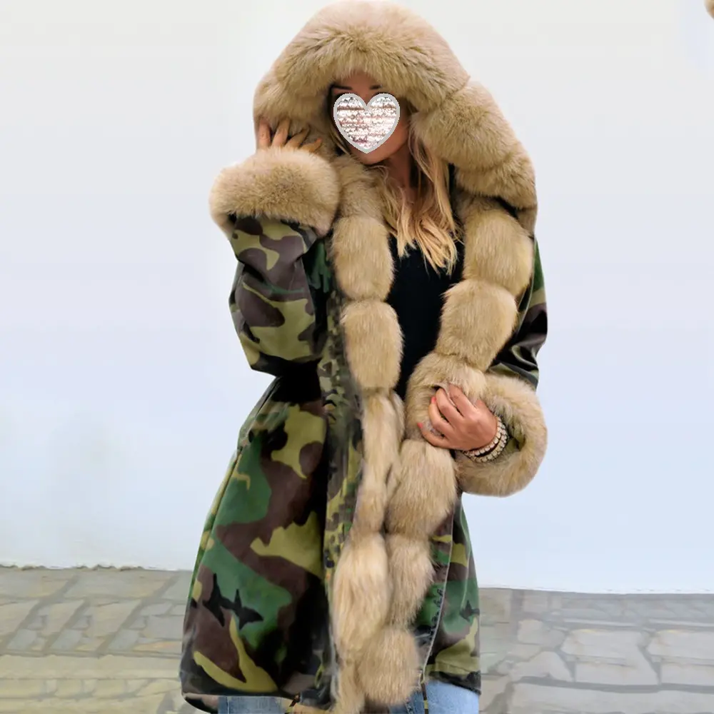 New Camouflage Costume Occident Winter Dress Warm Mink Hair Collar Hooded Cotton-padded Clothes Women Coat