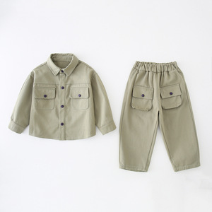 Ensemble <span class=keywords><strong>cargo</strong></span> 2 pièces pour garçons, tenue décontractée à manches longues et poches de couleur unie pour enfants - Product Image 1
