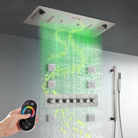 HLK Ensemble de robinets de douche muraux thermostatiques en nickel à 6 fonctions de luxe avec brosse pour salle de bains avec LED et musique en laiton