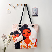Sac fourre-tout décontracté noir pour femmes en stock avec pochette fermeture à glissière imperméable à l'impression de dessins animés africains pour femmes