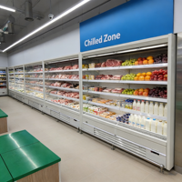 Multifunctionele verticale koelvitrine met open multideck koeling en luchtkoeling voor vers fruit, groenten en melk
