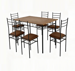 Ensemble de table à manger <span class=keywords><strong>YUKAI</strong></span> 1 + 6 dessus de table en MDF + PVC avec sièges à coussin en tissu pour salle à manger - Product Image 1